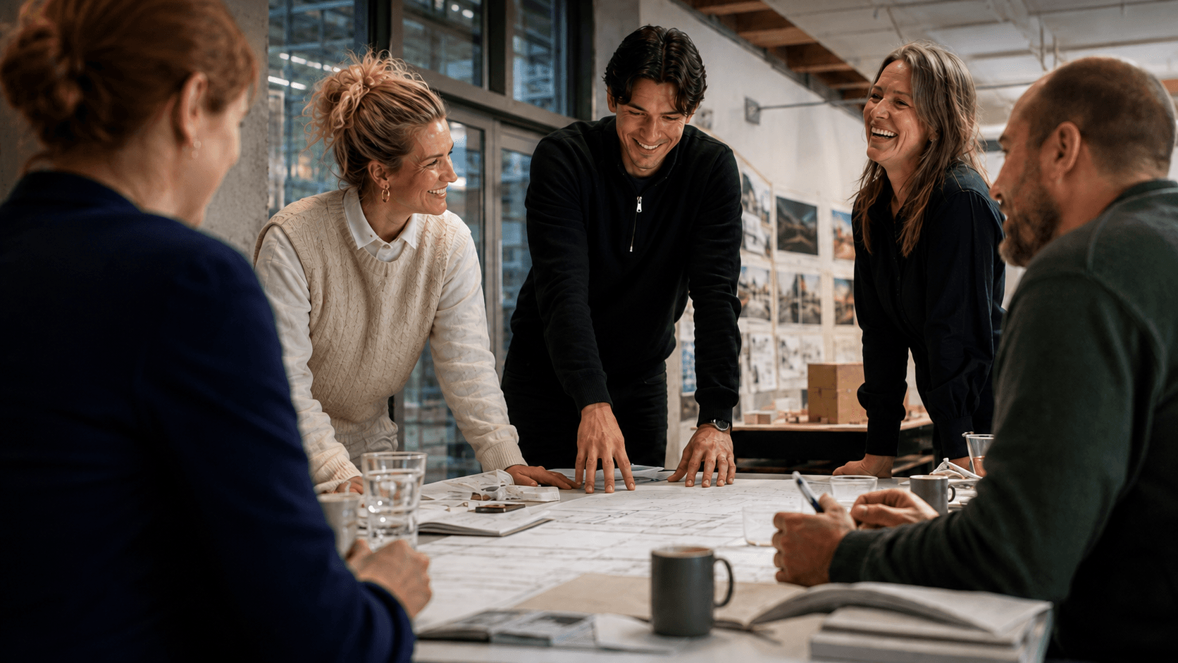 En tverrfaglig gruppe diskuterer byggetegninger rundt et arbeidsbord